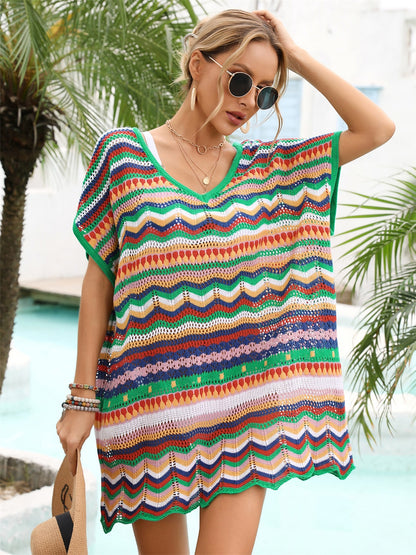 Angel Wings Rainbow Stripe Scalloped V-Neck Cover-Up Dress