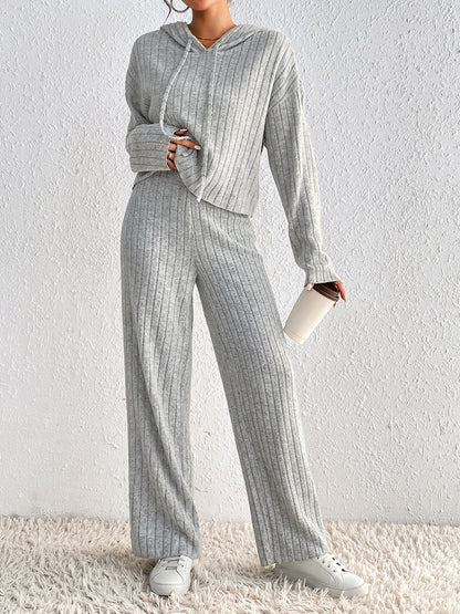 Honey Drawstring Ribbed Hoodie and Straight Leg Pants Set