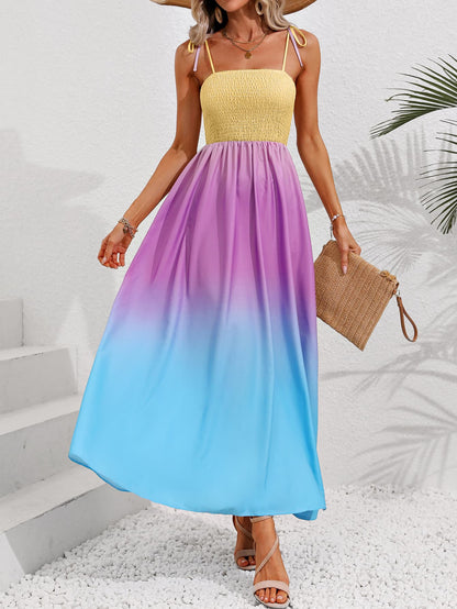 Honey Color Block Tie Shoulder Smocked Maxi Dress