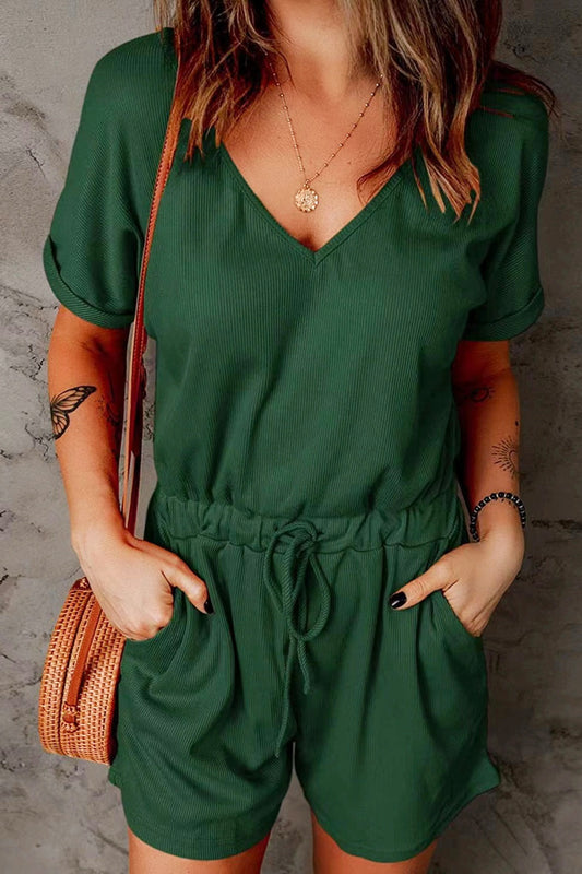 Full Size Drawstring V-Neck Short Sleeve Romper