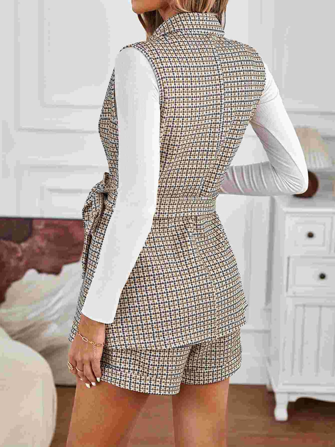 Tied Plaid Collared Neck Vest and Shorts Set