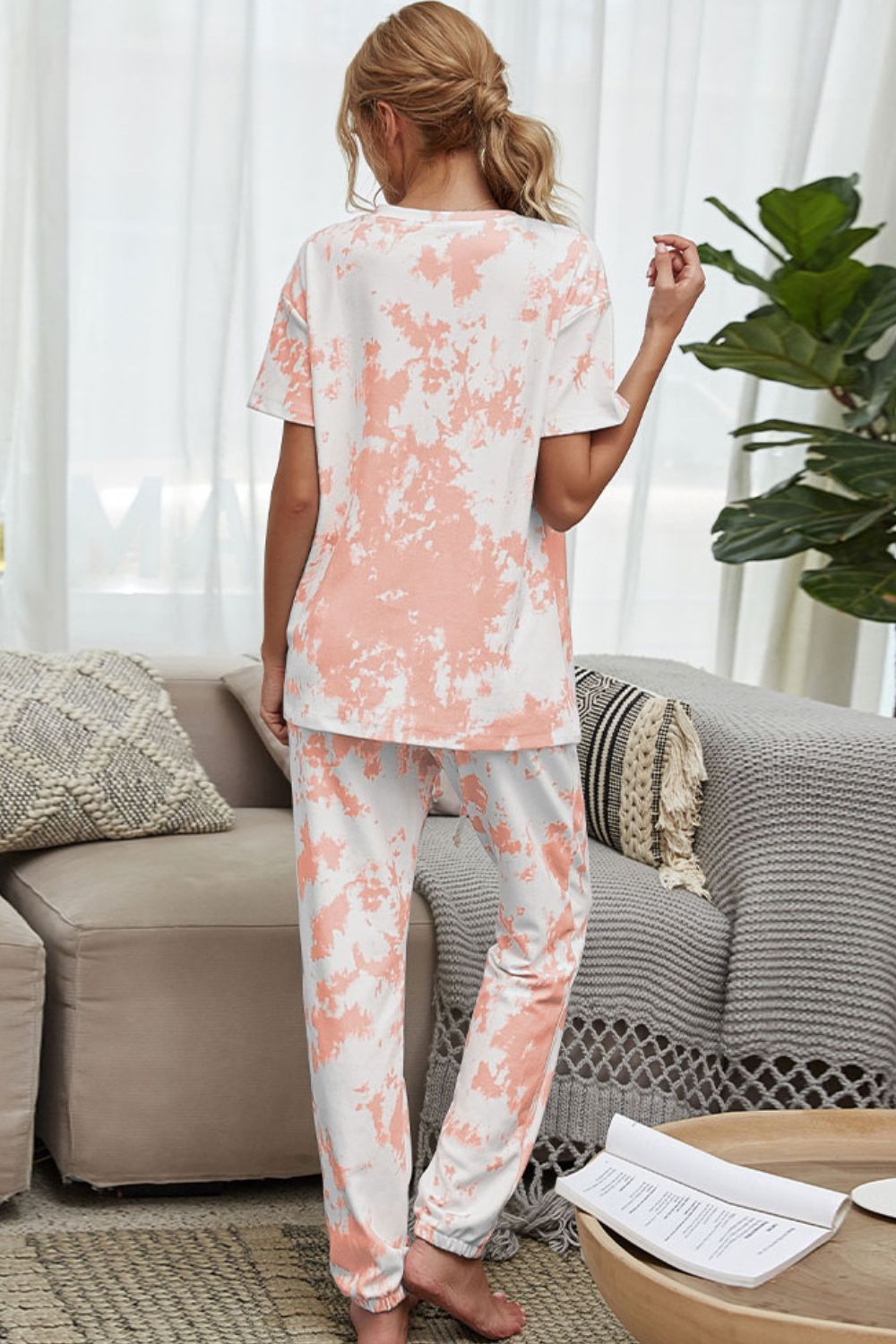 Shiny Tie-Dye Tee and Drawstring Waist Joggers Lounge Set