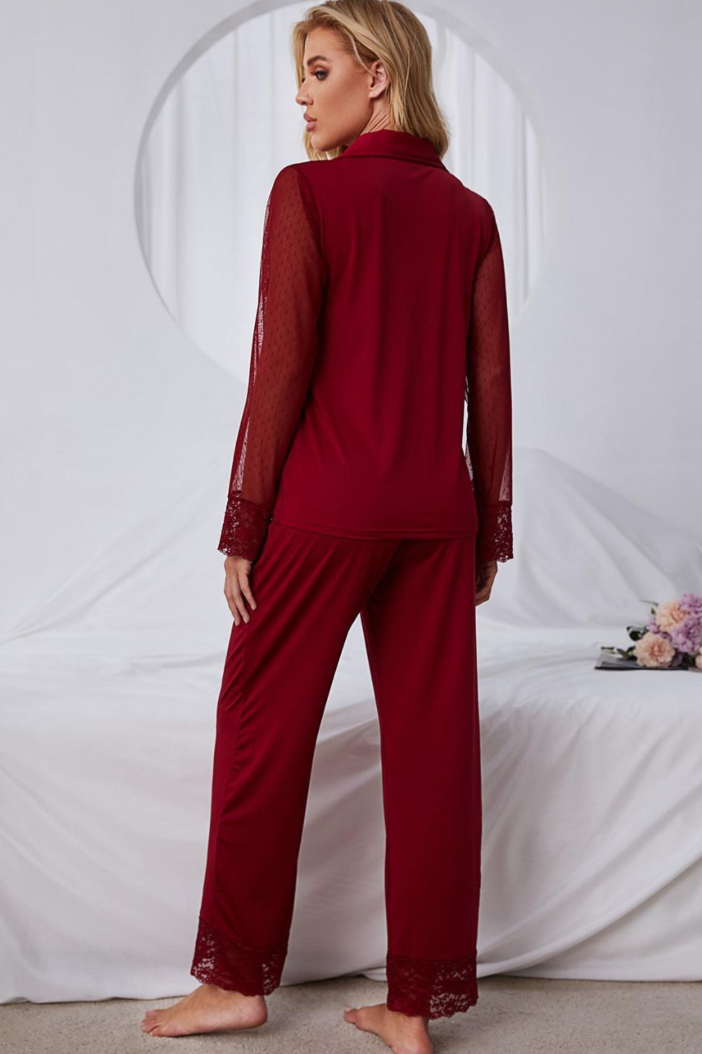 Spliced Lace Lapel Collar Pajama Set