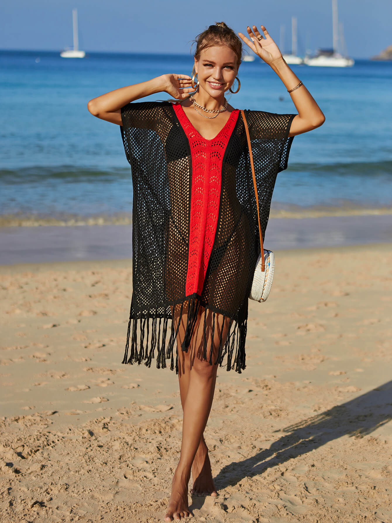 Angel Wings Contrast Fringe Trim Openwork Cover-Up Dress