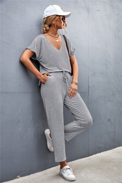 V-Neck Short Sleeve T-Shirt and Drawstring Waist Pants Set