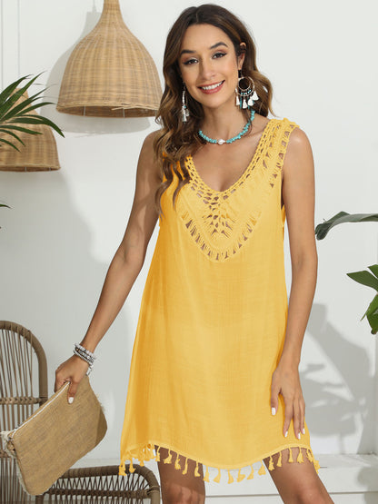 Tassel Scoop Neck Wide Strap Cover-Up