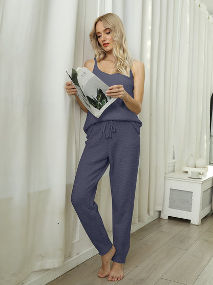 Fuzzy V-Neck Cami and Pants Lounge Set