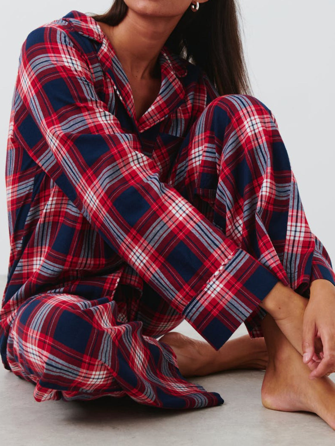 Plaid Collared Neck Button Up Top and Pants Lounge Set