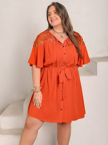 Plus Size Lace Button Up Half Sleeve Dress