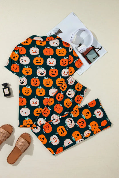 Pumpkin Printed Short Sleeve Top and Pants Lounge Set