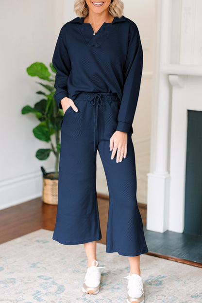 Textured Collared Neck Top and Wide Leg Pants Set