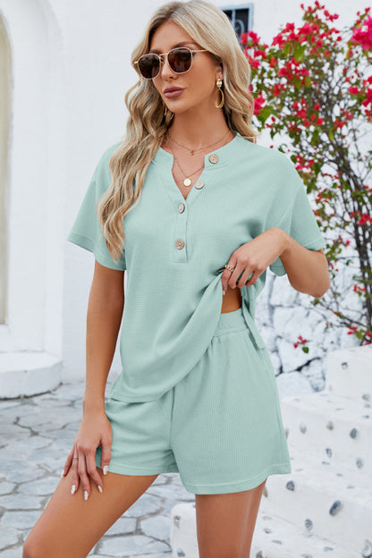 Notched Button Detail Dropped Shoulder Top and Shorts Set