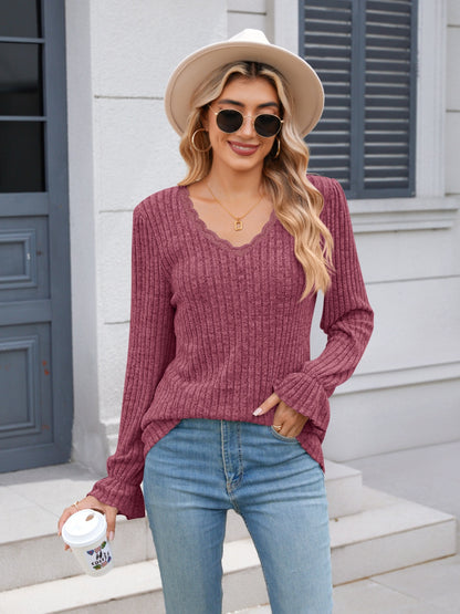 Lace Detail V-Neck Long Sleeve T-Shirt