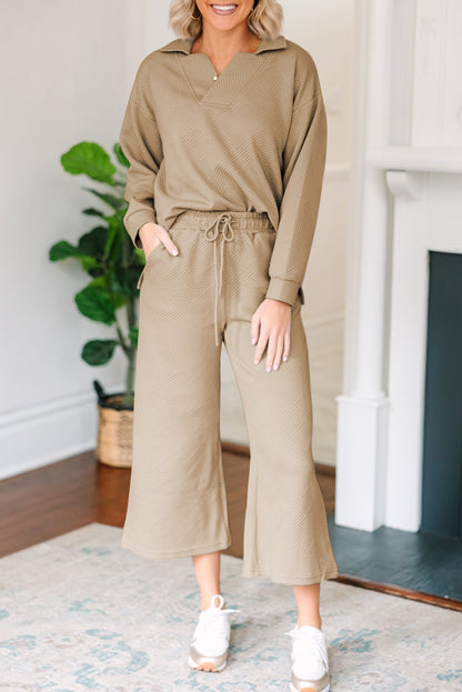 Textured Collared Neck Top and Wide Leg Pants Set