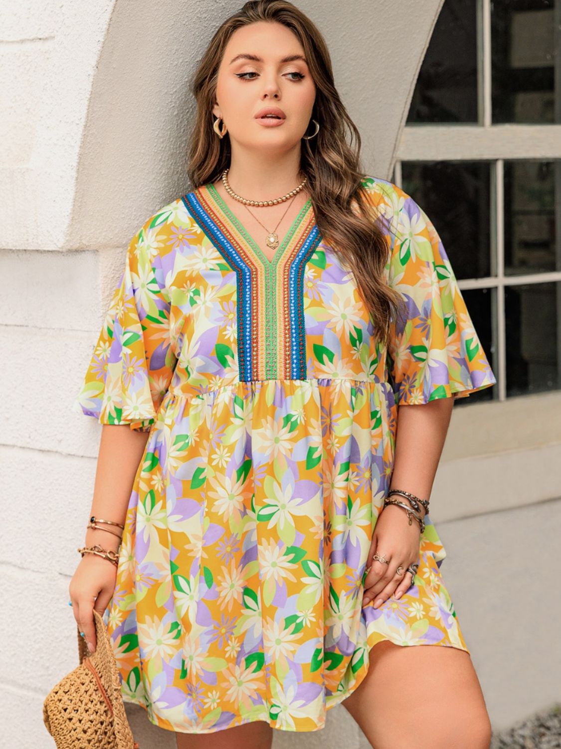 Plus Size Printed V-Neck Half Sleeve Mini Dress