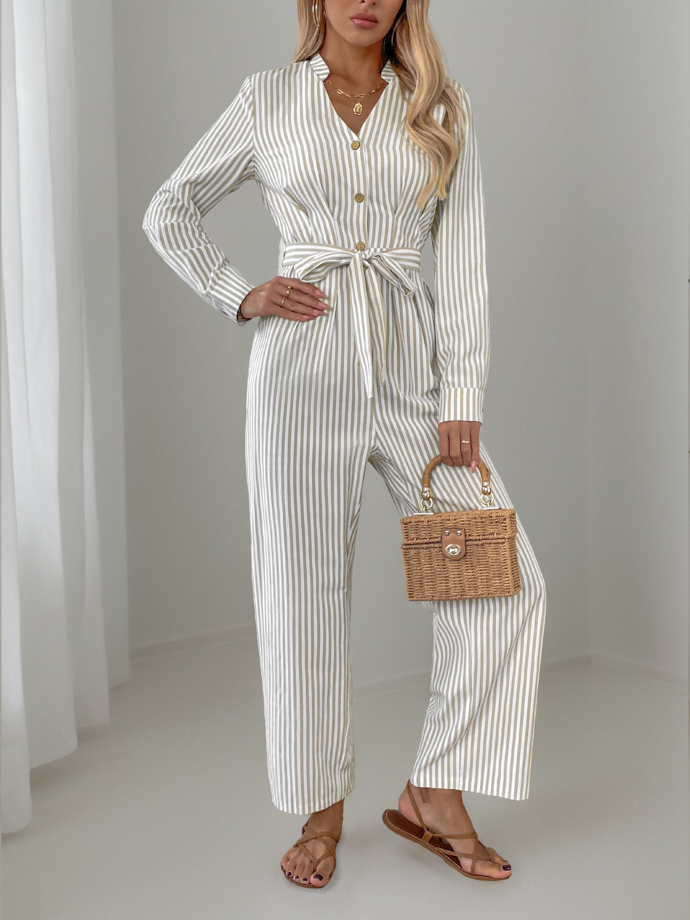 Striped Notched Long Sleeve Tie Waist Jumpsuit