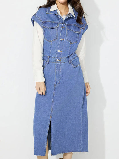 Slit Half Button Collared Neck Cap Sleeve Denim Dress