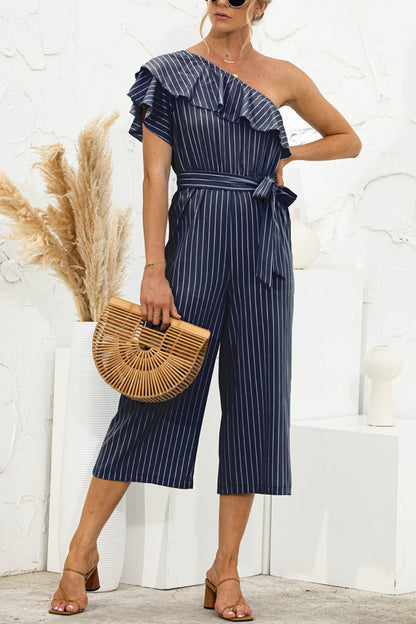 Ruffled Single Shoulder Tie Waist Jumpsuit