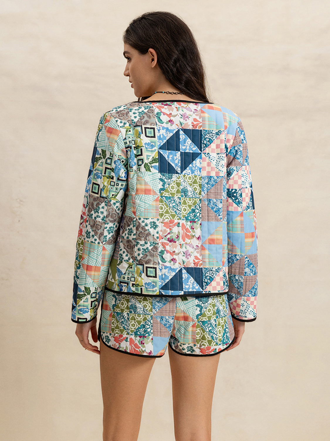 Printed Button Up Long Sleeve Outerwear and Shorts Set