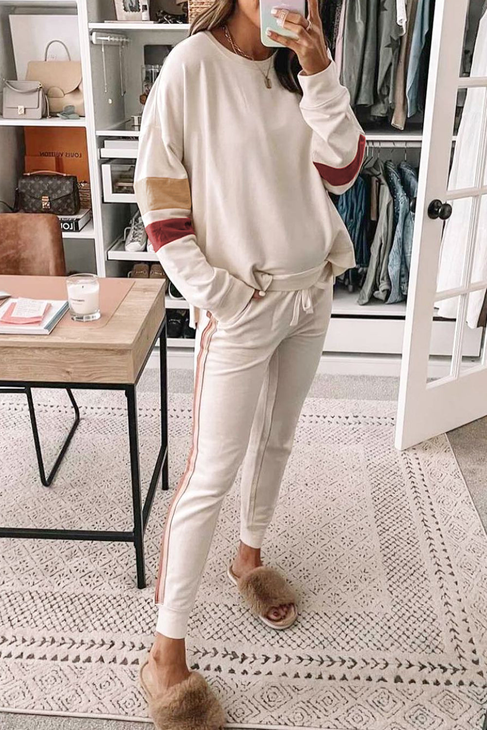 Striped Round Neck Sweatshirt and Drawstring Joggers Set