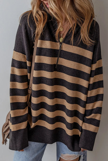 Striped Half Zip Long Sleeve Knit Top