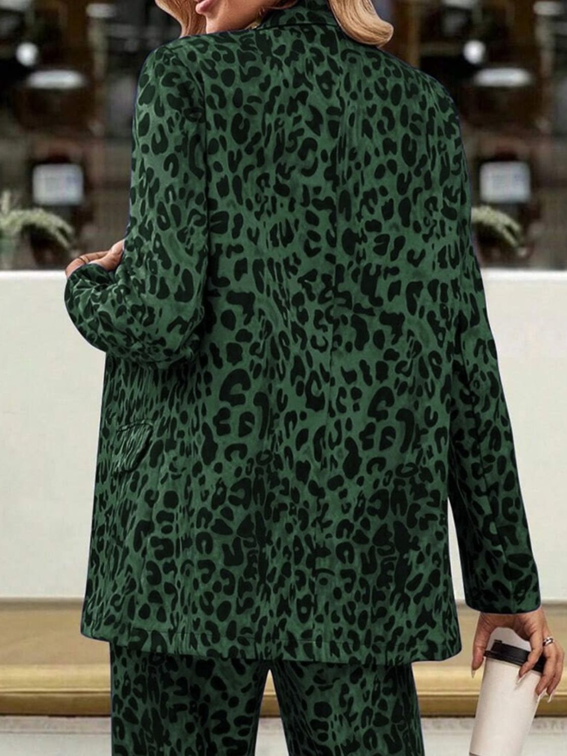 Full Size Leopard Lapel Collar Long Sleeve Blazer and Pants Set