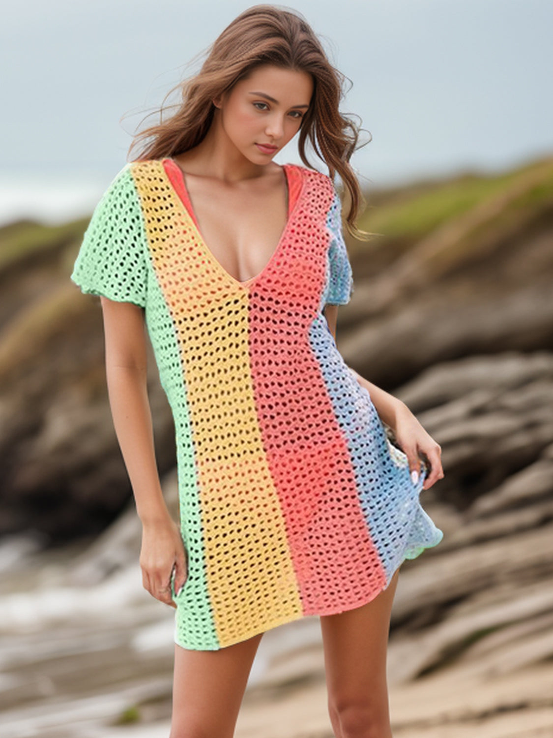 Openwork Color Block V-Neck Short Sleeve Cover-Up