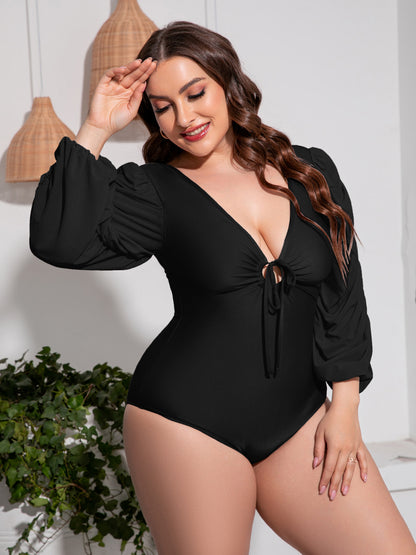 Plus Size Tied Deep V Balloon Sleeve One-Piece Swimsuit