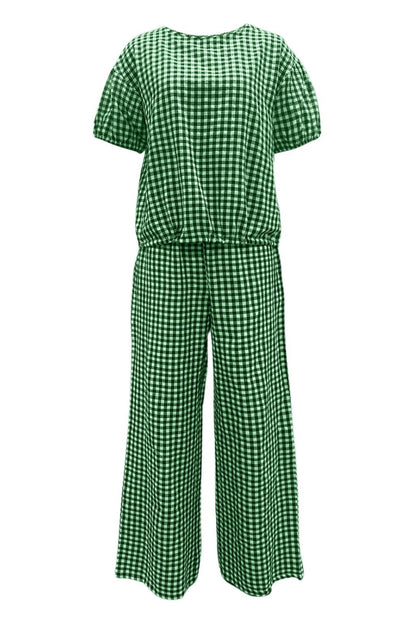 Full Size Plaid Round Neck Half Sleeve Top and Pants Set