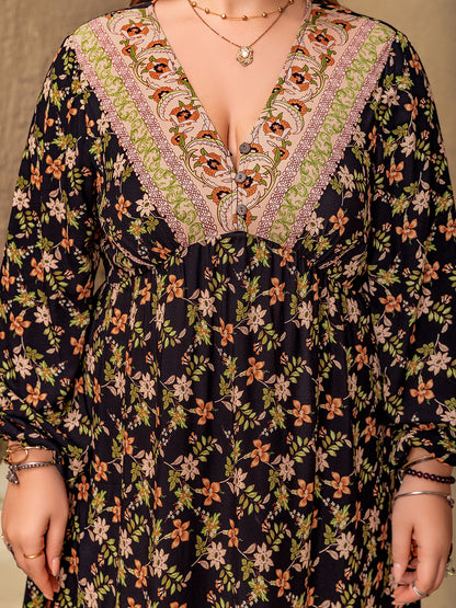 Plus Size Floral V-Neck Balloon Sleeve Dress