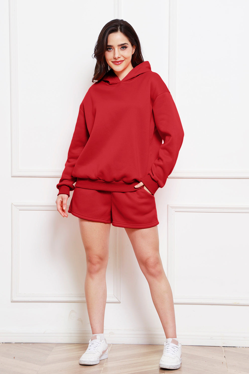 Drop Shoulder Long Sleeve Hoodie and Shorts Set