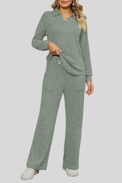 Ribbed Long Sleeve Top and Pocketed Pants Set