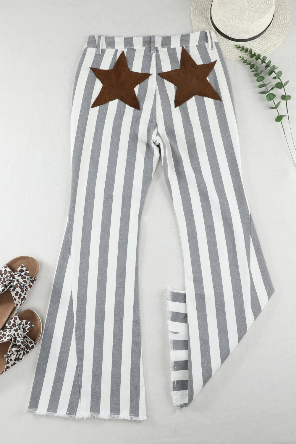 Raw Hem Star Applique Striped Jeans