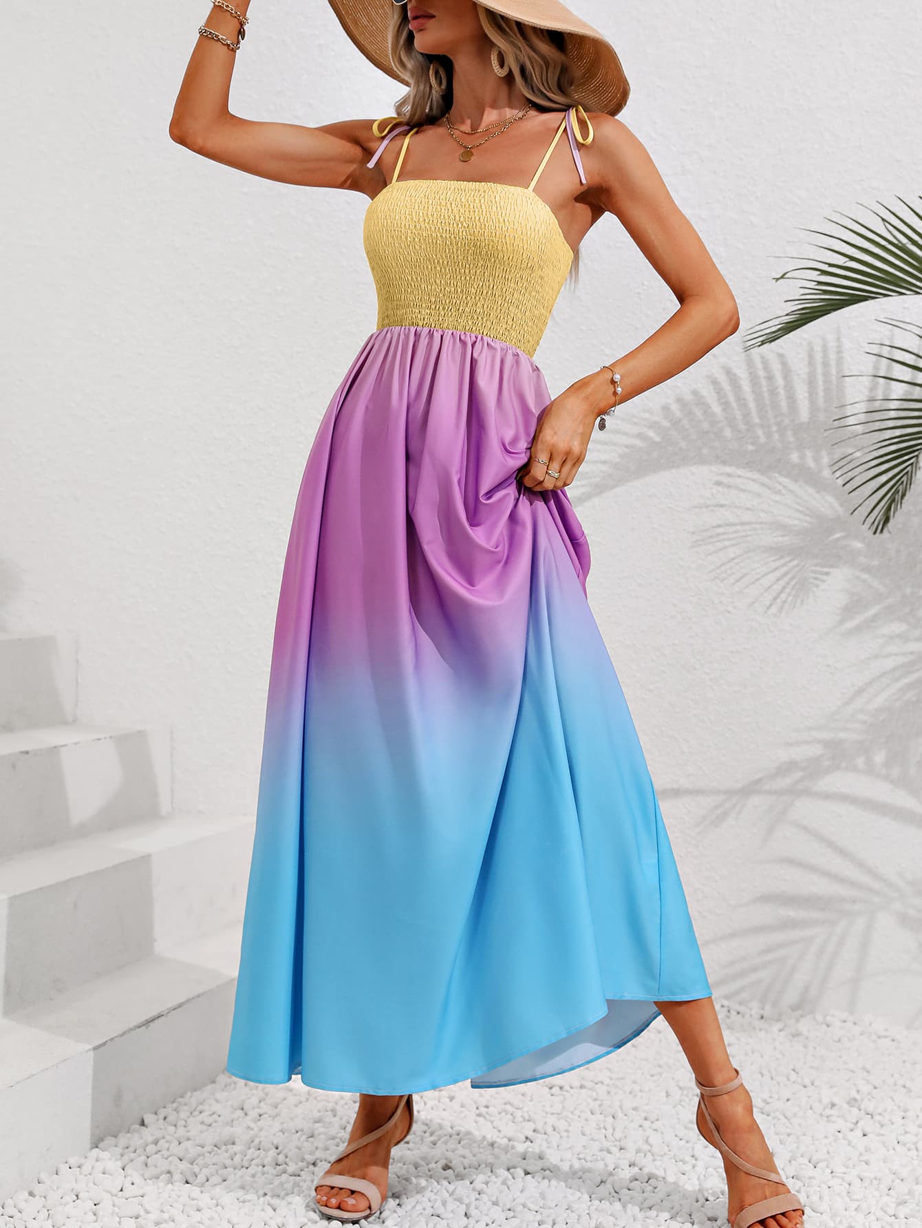 Honey Color Block Tie Shoulder Smocked Maxi Dress