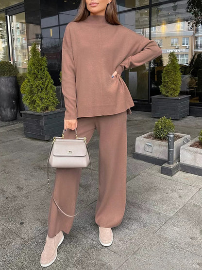 Slit Mock Neck Top and Pants Sweater Set