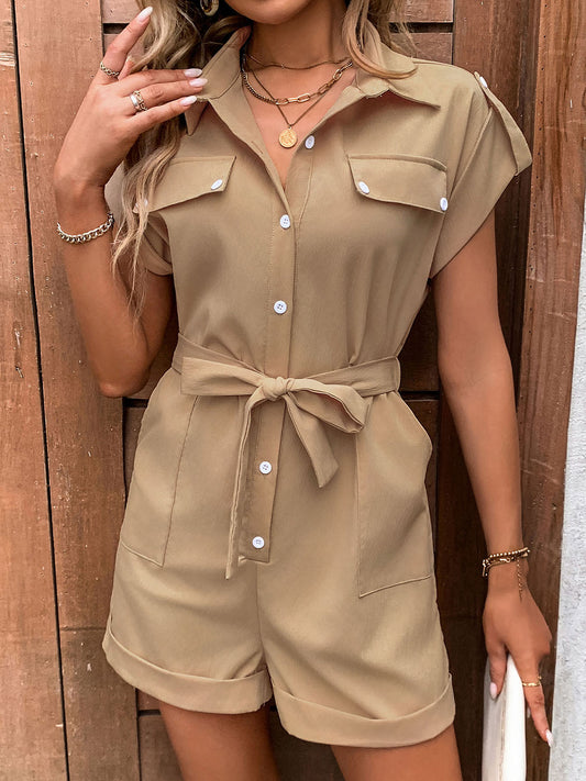 Perfee Collared Neck Tie Waist Romper with Pockets