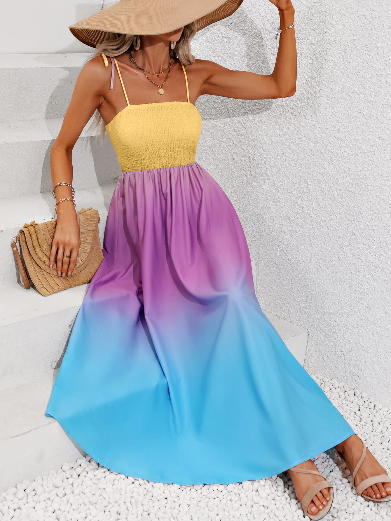 Honey Color Block Tie Shoulder Smocked Maxi Dress