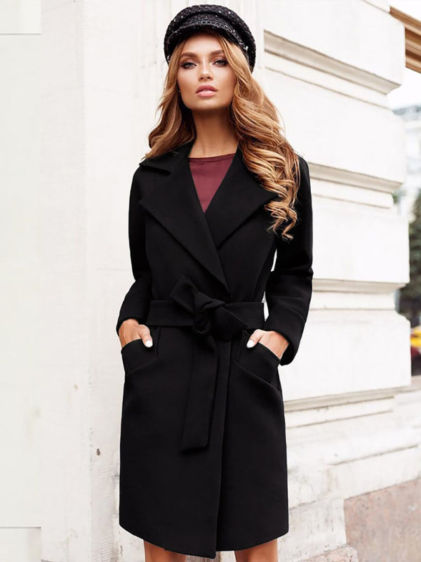 Women'S Slim-Fitting Belt Lapel Tweed Coat