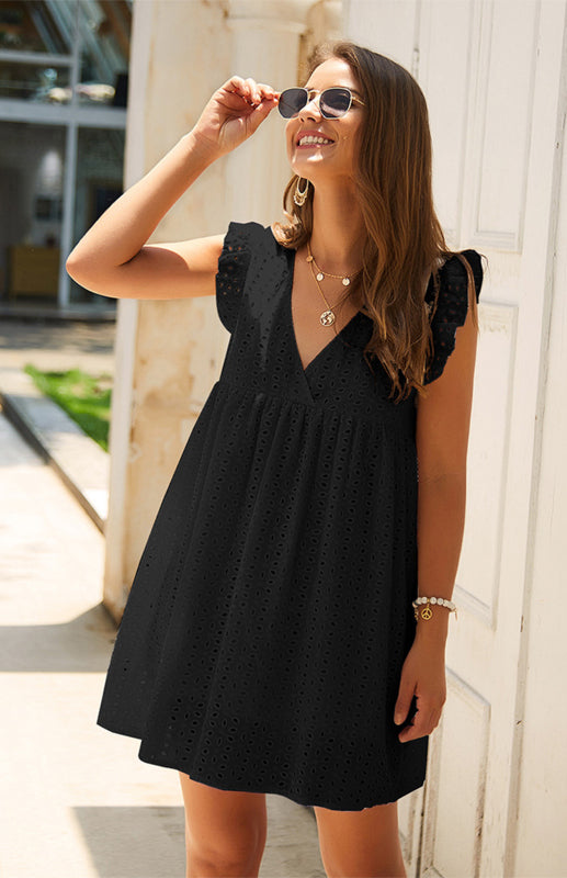 Women's V-Neck Short-Sleeved Lace Midi Dress