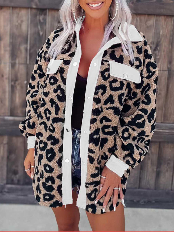 Women's casual furry clothes plush jacket women leopard print furry jacket