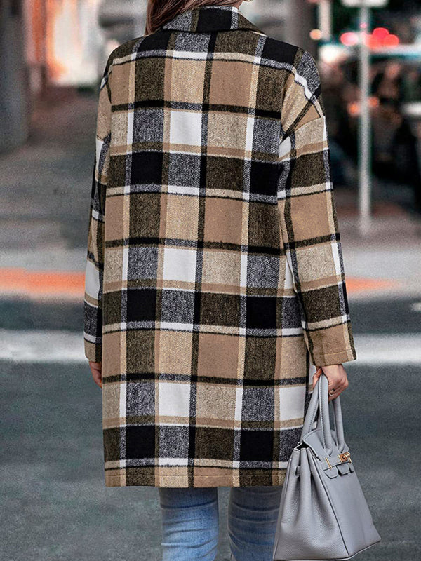 Autumn and winter new women's lapel pocket plaid wool coat