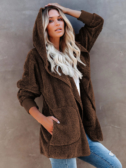 Women's Long Sleeve Jacket Casual Hooded Solid Color Cardigan Plush Women