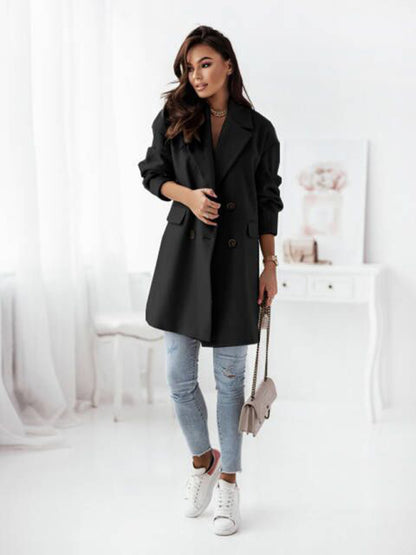 Long sleeve suit collar double breasted woolen coat new style temperament