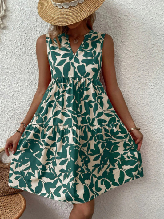 Women's Floral Print V Neck Pleated Print Dress