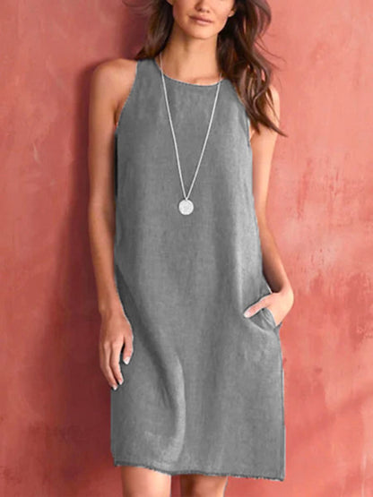 Women's Woven Casual Cotton Linen Comfortable Round Neck Sleeveless Dress