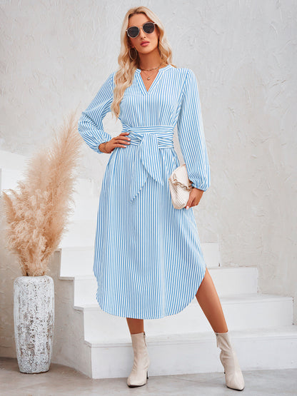 Casual V-neck striped tie waist shirt dress