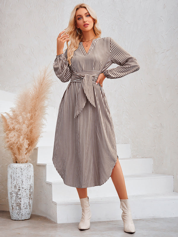 Casual V-neck striped tie waist shirt dress