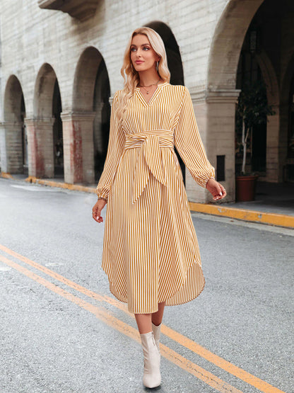 Casual V-neck striped tie waist shirt dress