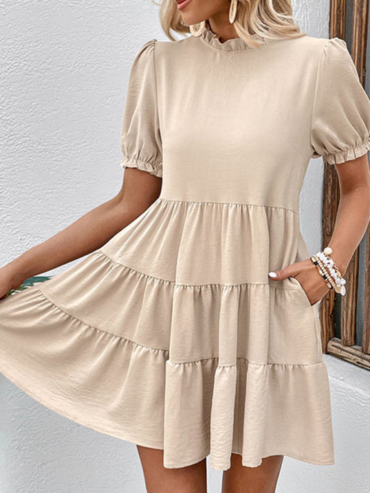 women's multilayer pleated loose puff sleeve dress