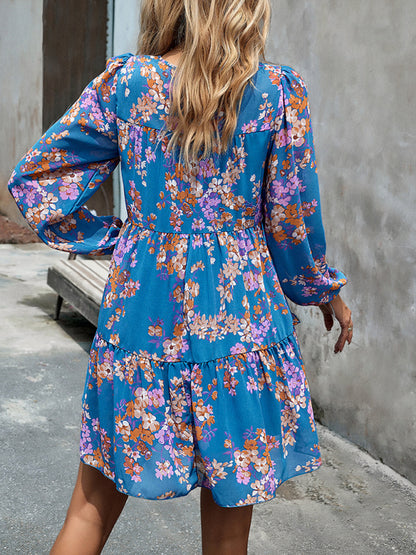 Floral Print Round Neck Skirt Chiffon Layered Dress